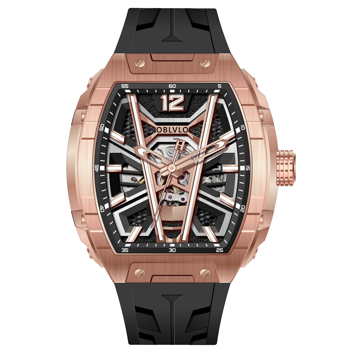OBLVLO ZM-MA Luxury Fashion Mens Rose Gold Skeleton Tonneau Automatic Watch - Super Luminous Dial & Black Soft Silicone Strap Sport Watch