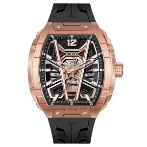 OBLVLO ZM-MA Luxury Fashion Mens Rose Gold Skeleton Tonneau Automatic Watch - Super Luminous Dial & Black Soft Silicone Strap Sport Watch