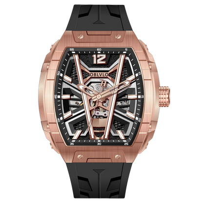 OBLVLO ZM-MA Luxury Fashion Mens Rose Gold Skeleton Tonneau Automatic Watch - Super Luminous Dial & Black Soft Silicone Strap Sport Watch