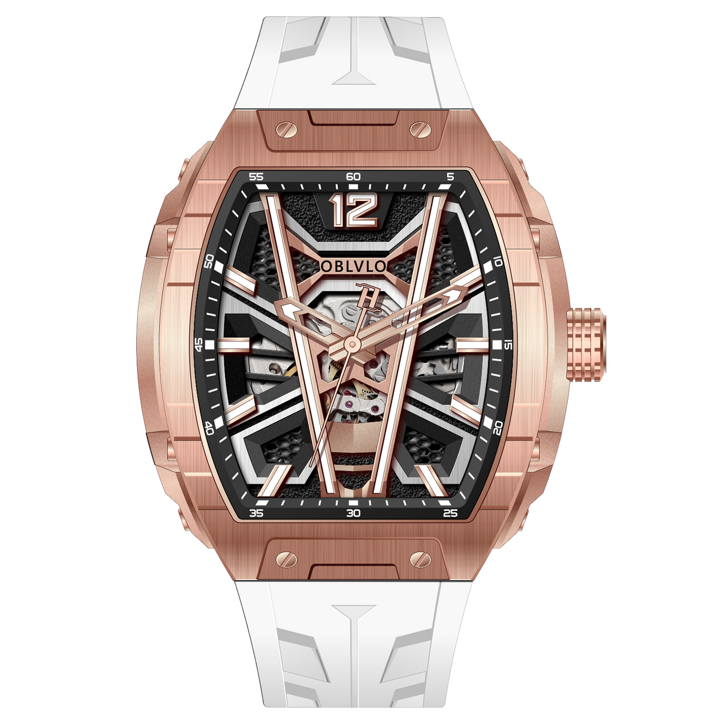 Luxury OBLVLO ZM-MA Fashion Rose Gold Skeleton Tonneau Automatic Watch For Mens - Super Luminous Dial & White Soft Silicone Strap Sport Watch