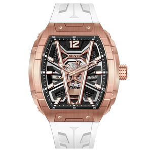 Luxury OBLVLO ZM-MA Fashion Rose Gold Skeleton Tonneau Automatic Watch For Mens - Super Luminous Dial & White Soft Silicone Strap Sport Watch