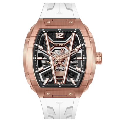 Luxury OBLVLO ZM-MA Fashion Rose Gold Skeleton Tonneau Automatic Watch For Mens - Super Luminous Dial & White Soft Silicone Strap Sport Watch