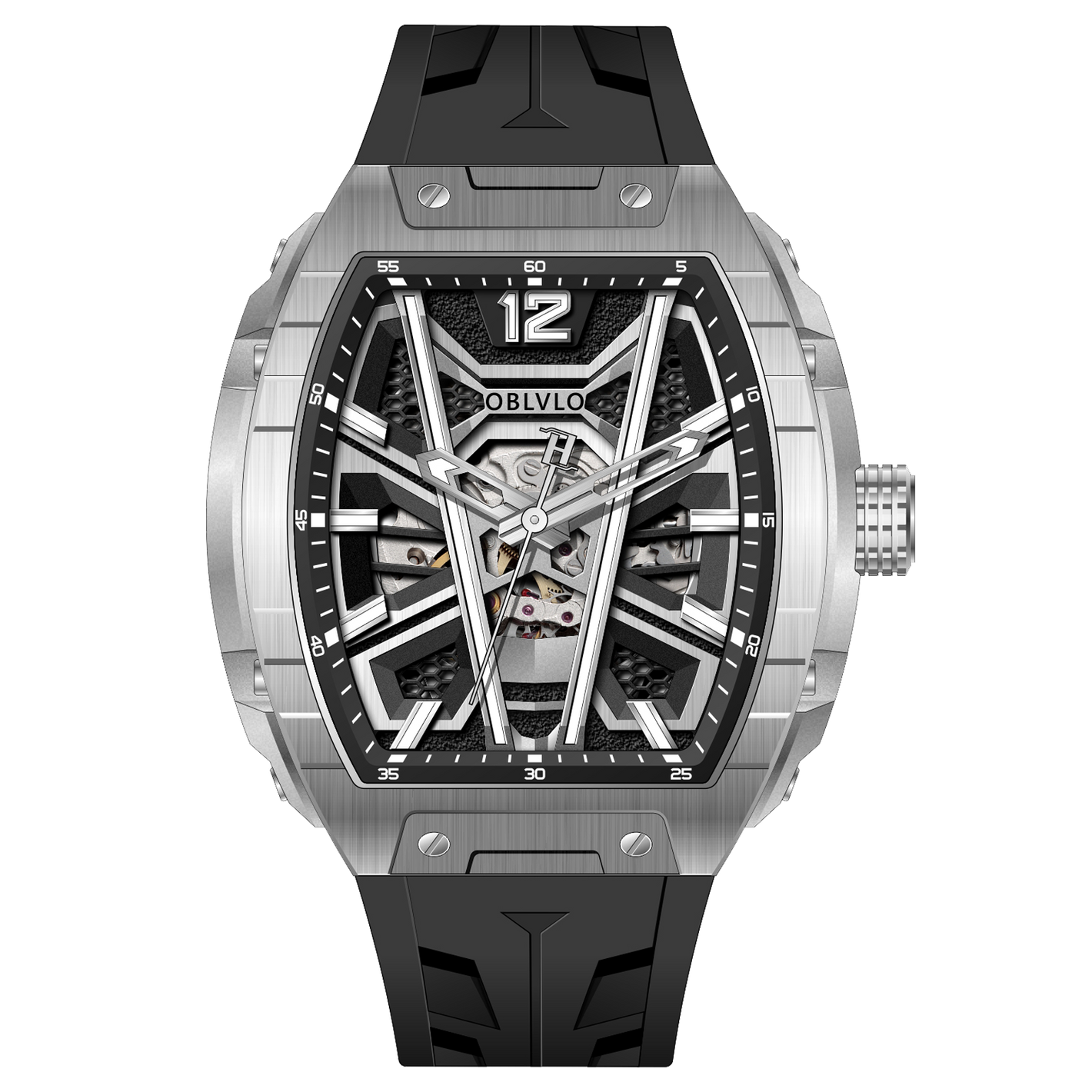 OBLVLO ZM-MA Super Luminous Dial & Black Rubber Strap Watch -  Men's Fashion Tonneau Skeleton Automatic Sport Watch