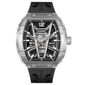 OBLVLO ZM-MA Super Luminous Dial & Black Rubber Strap Watch -  Men's Fashion Tonneau Skeleton Automatic Sport Watch