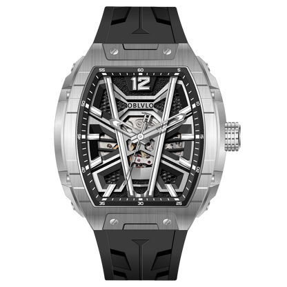 OBLVLO ZM-MA Super Luminous Dial & Black Rubber Strap Watch -  Men's Fashion Tonneau Skeleton Automatic Sport Watch