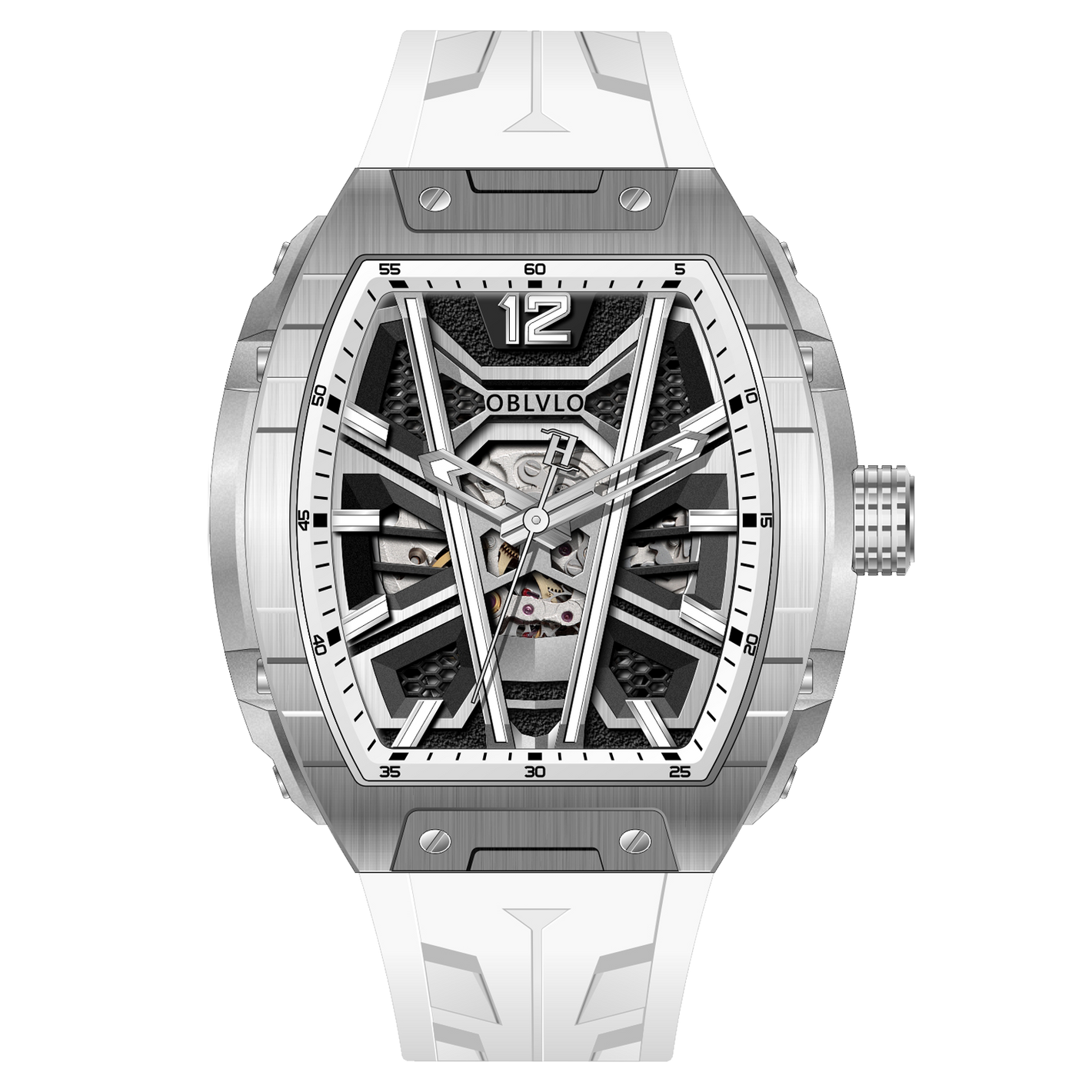 OBLVLO ZM-MA Fashion Tonneau Skeleton Automatic Sport Watch - Men's Fashion Super Luminous Dial & White Rubber Strap Watch