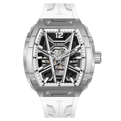 OBLVLO ZM-MA Fashion Tonneau Skeleton Automatic Sport Watch - Men's Fashion Super Luminous Dial & White Rubber Strap Watch
