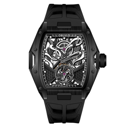 OBLVLO ZM-NZ - Cool All Black Chinese myth "Nezha" 46mm Automatic Mechanical Skeleton Super luminous dial Wristwatch