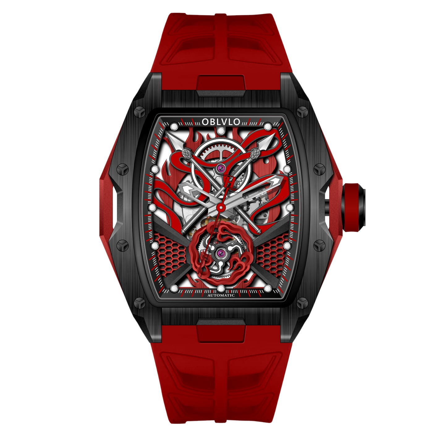 OBLVLO ZM-NZ Chinese myth "Nezha" Series - Red Case Men 46mm Tonneau Skeleton Luminous Automatic Wristwatch