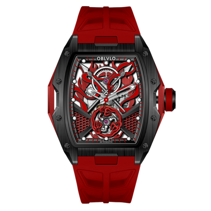 OBLVLO ZM-NZ Chinese myth "Nezha" Series - Red Case Men 46mm Tonneau Skeleton Luminous Automatic Wristwatch