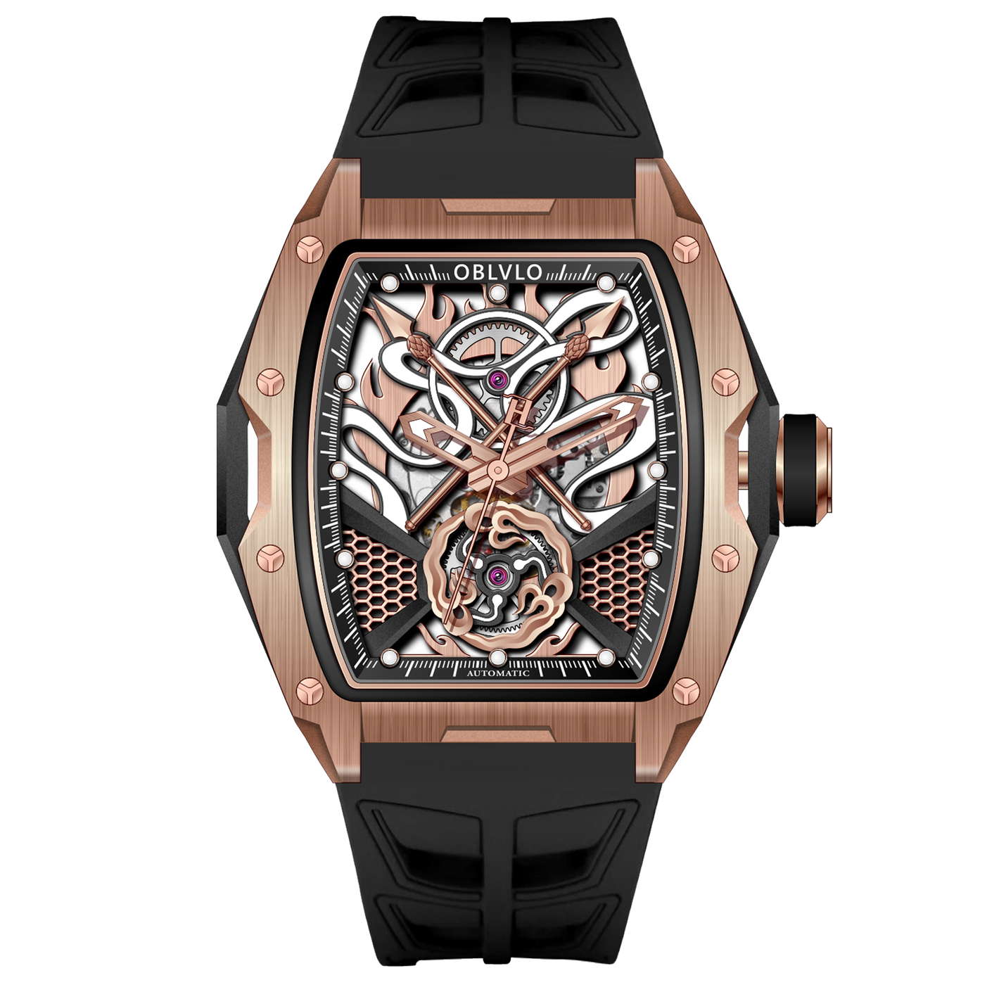 OBLVLO ZM-NZ 46MM Rose Gold Case Chinese myth "Nezha" Style Design Men Mechanical Automatic Skeleton Super Luminous Watch