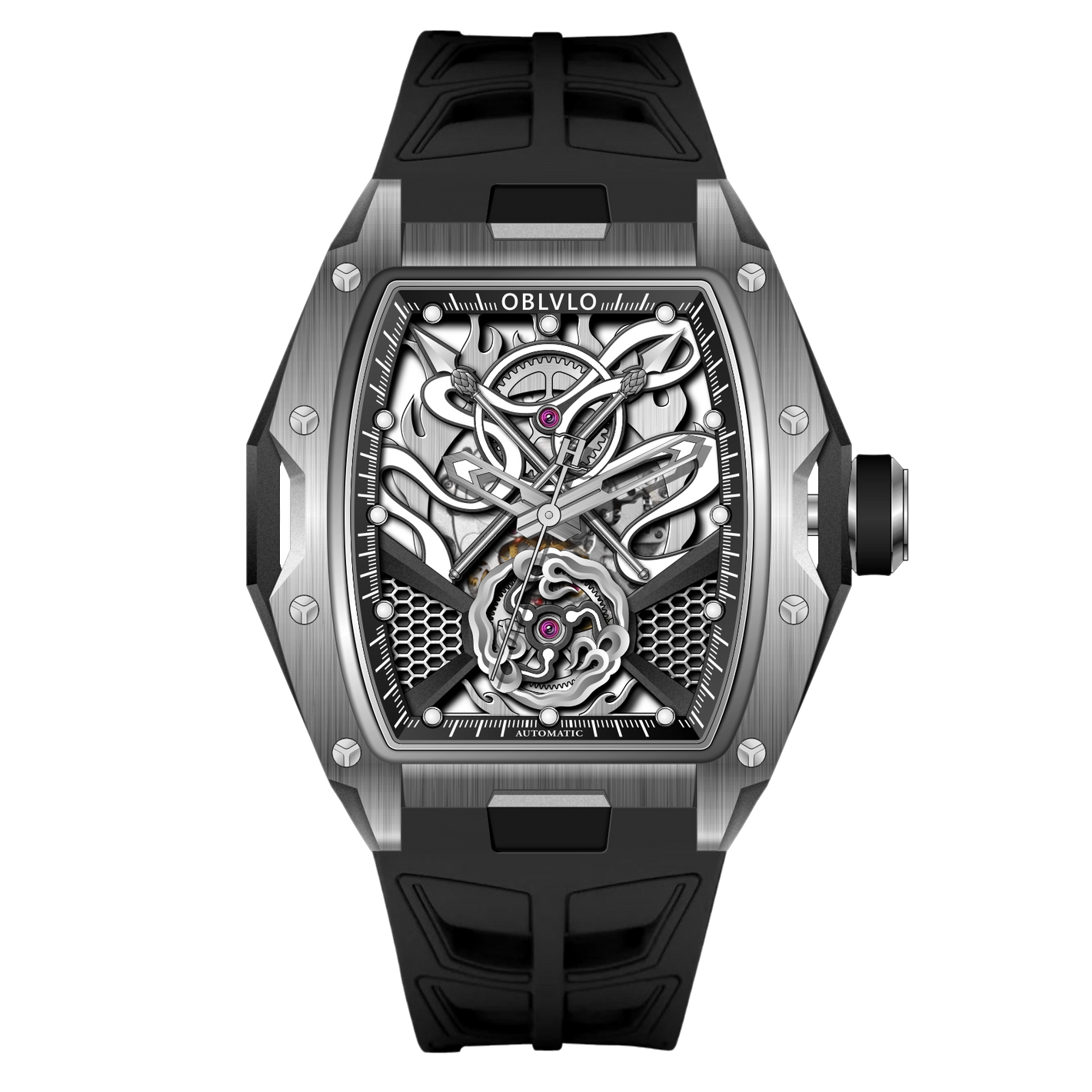 OBLVLO ZM-NZ Silver Case Men's Super luminous Watches - Luxury Tonneau Chinese myth "Nezha" Style Design Automatic Skeleton Watch