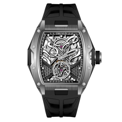 OBLVLO ZM-NZ Silver Case Men's Super luminous Watches - Luxury Tonneau Chinese myth "Nezha" Style Design Automatic Skeleton Watch