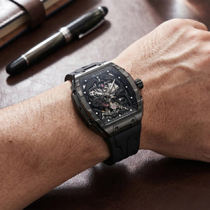 OBLVLO ZM-PH All Black Tonneau Case Men's Luxury Skeleton Watch - 3D Sculpted Dragon Phoenix Dial Automatic Mechanical Sport Watch