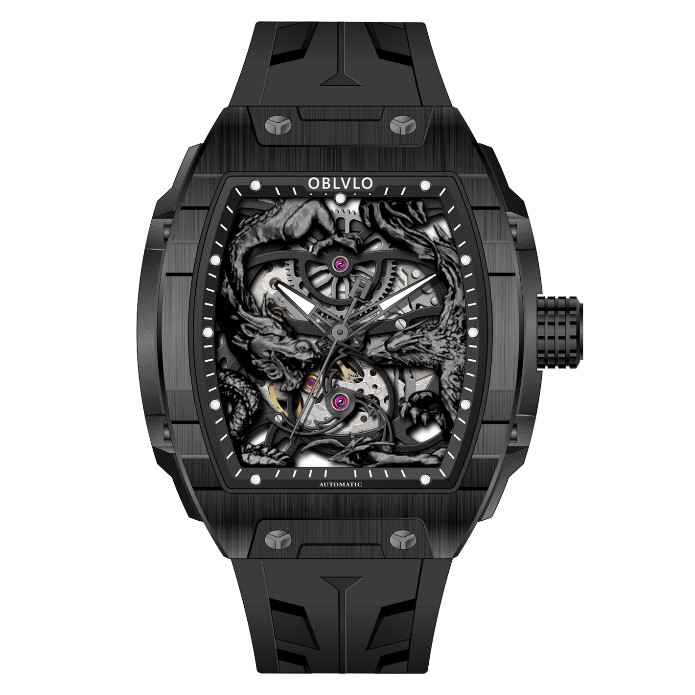 OBLVLO ZM-PH All Black Tonneau Case Men's Luxury Skeleton Watch - 3D Sculpted Dragon Phoenix Dial Automatic Mechanical Sport Watch