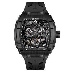 OBLVLO ZM-PH All Black Tonneau Case Men's Luxury Skeleton Watch - 3D Sculpted Dragon Phoenix Dial Automatic Mechanical Sport Watch