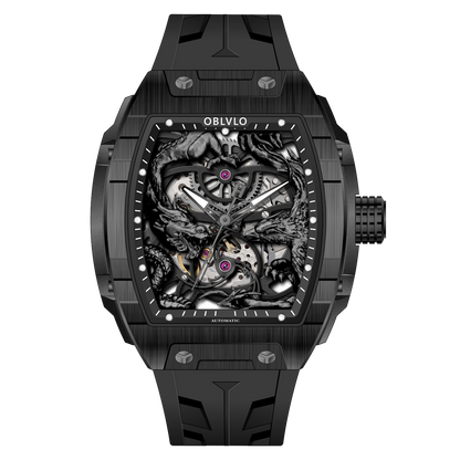 OBLVLO ZM-PH All Black Tonneau Case Men's Luxury Skeleton Watch - 3D Sculpted Dragon Phoenix Dial Automatic Mechanical Sport Watch