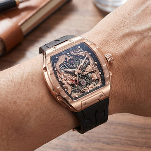 OBLVLO ZM-PH Rose Gold Tonneau Case Luxury Men's Skeleton Watch - 3D Dragon & Phoenix Carved Dial