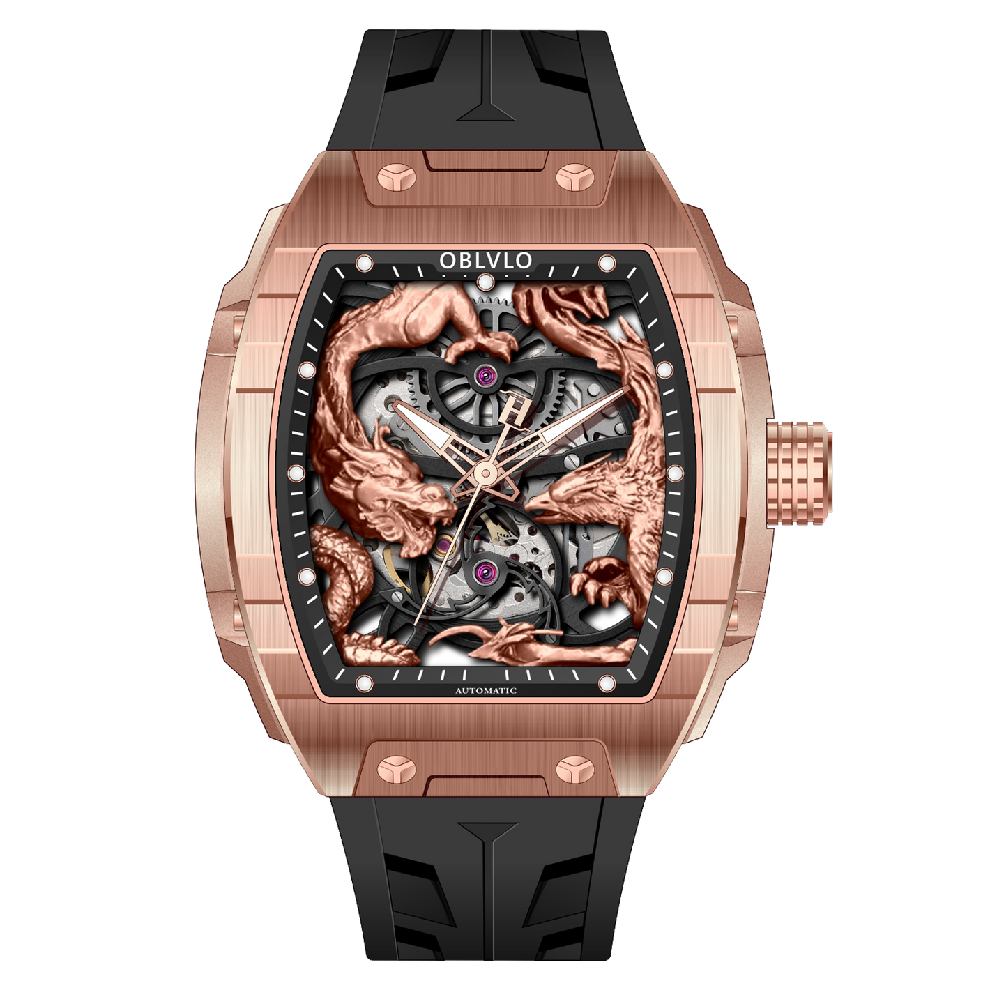 OBLVLO ZM-PH Rose Gold Tonneau Case Luxury Men's Skeleton Watch - 3D Dragon & Phoenix Carved Dial