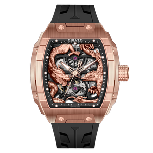 OBLVLO ZM-PH Rose Gold Tonneau Case Luxury Men's Skeleton Watch - 3D Dragon & Phoenix Carved Dial