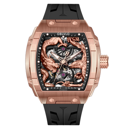 OBLVLO ZM-PH Rose Gold Tonneau Case Luxury Men's Skeleton Watch - 3D Dragon & Phoenix Carved Dial