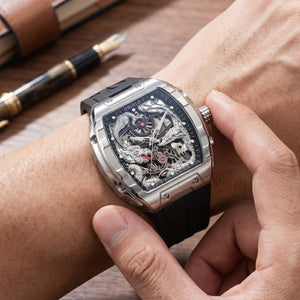 OBLVLO ZM-PH Luxury Silver Tonneau Automatic Watch - 3D Skeleton Mythical Dragon & Phoenix Motif Design Mechanical Watch
