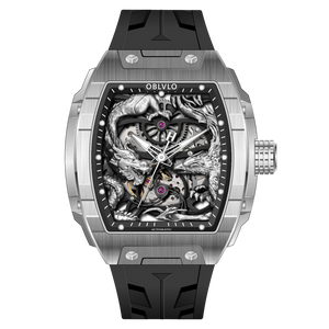 OBLVLO ZM-PH Luxury Silver Tonneau Automatic Watch - 3D Skeleton Mythical Dragon & Phoenix Motif Design Mechanical Watch