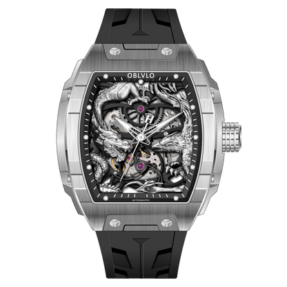 OBLVLO ZM-PH Luxury Silver Tonneau Automatic Watch - 3D Skeleton Mythical Dragon & Phoenix Motif Design Mechanical Watch