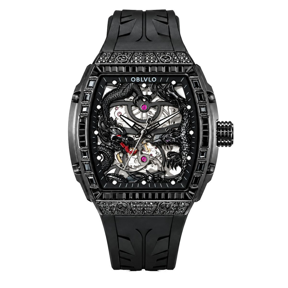 OBLVLO ZM-PH All Black Tonneau & Cubic Zirconia Case Men's Luxury Skeleton Watch - 3D Sculpted Dragon Phoenix Dial Automatic Mechanical Sport Watch