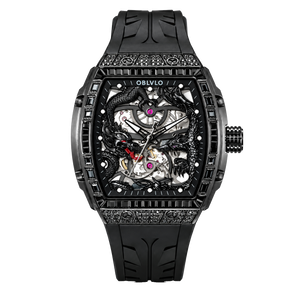 Montre de Luxe Squelette OBLVLO ZM-PH pour Homme, Boîtier Tonneau Entièrement Noir - Montre de Sport Mécanique Automatique avec Cadran Dragon et Phénix Sculptés en 3D