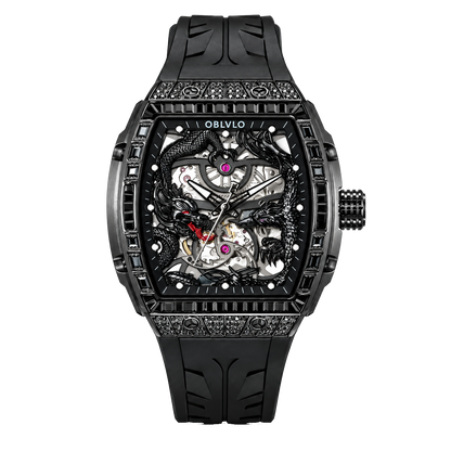 OBLVLO ZM-PH All Black Tonneau & Cubic Zirconia Case Men's Luxury Skeleton Watch - 3D Sculpted Dragon Phoenix Dial Automatic Mechanical Sport Watch