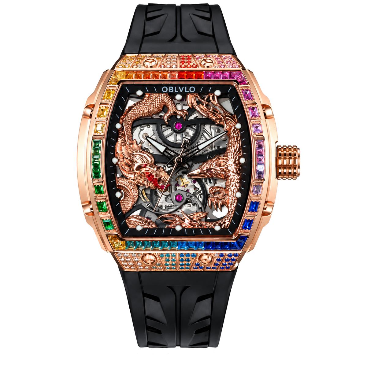 OBLVLO ZM-PH Roségold Tonneau-Gehäuse Luxus Herren Skelett-Uhr - 3D Drachen & Phönix geschnitztes Zifferblatt