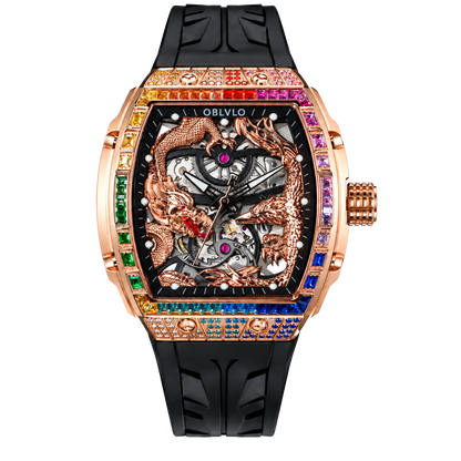OBLVLO ZM-PH Rose Gold Tonneau & Cubic Zirconia Case Luxury Men's Skeleton Watch - 3D Dragon & Phoenix Carved Dial