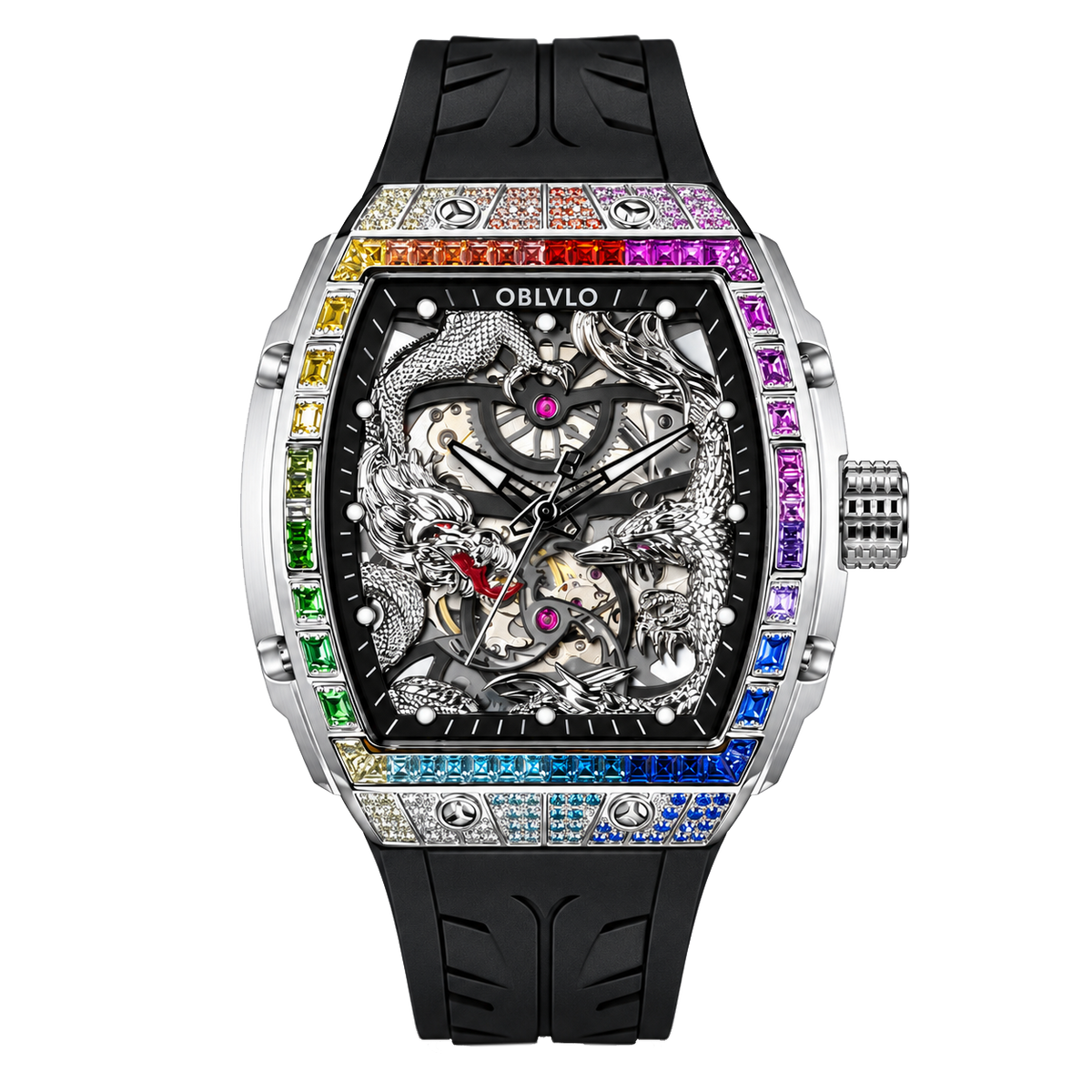 OBLVLO ZM-PH Montre automatique de luxe tonneau argenté - Montre mécanique squelette 3D motif dragon et phénix mythiques