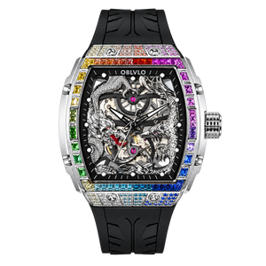 OBLVLO ZM-PH Montre automatique de luxe tonneau argenté - Montre mécanique squelette 3D motif dragon et phénix mythiques