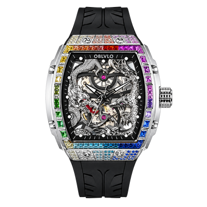 OBLVLO ZM-PH Luxus Silber Tonneau Automatikuhr - 3D Skelett Drachen- & Phönix-Motiv Design Mechanische Uhr