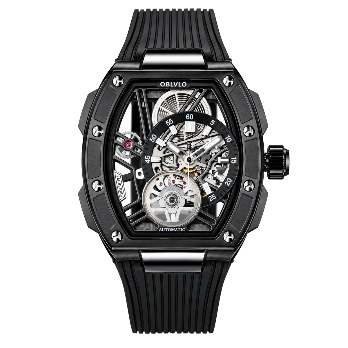 OBLVLO ZRM-ZM Men's All Black Stealth Automatic Watch Tonneau Skeleton Mechanical Sport Wristwatch Ribbed Black Rubber Strap