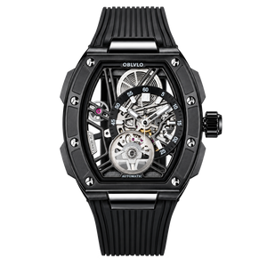 OBLVLO ZRM-ZM Men's All Black Stealth Automatic Watch Tonneau Skeleton Mechanical Sport Wristwatch Ribbed Black Rubber Strap