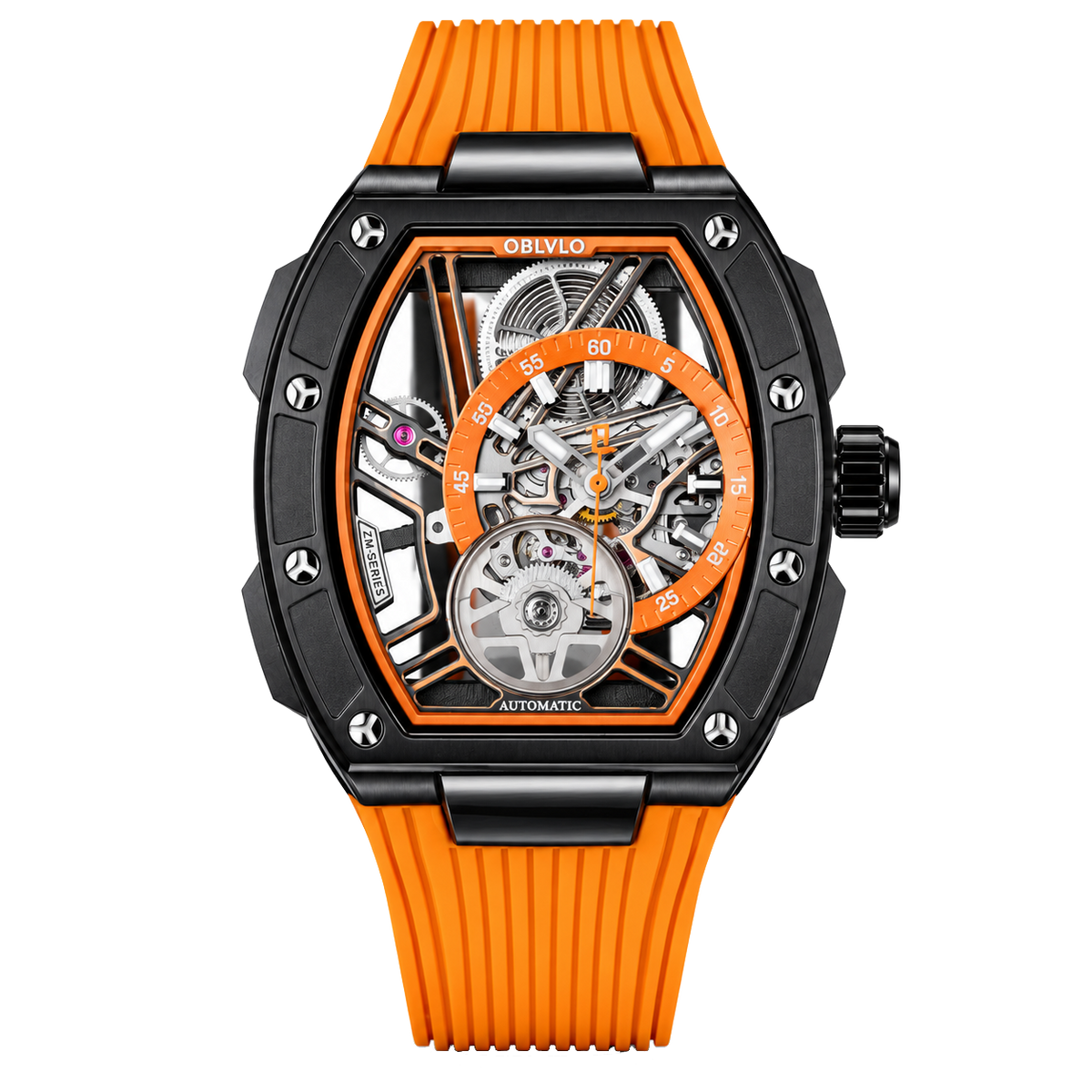 OBLVLO ZRM-ZM Men's Tonneau Skeleton Automatic Watch 46mm Black PVD Case Orange Inner Ring Rubber Strap Racing Sport Mechanical Wristwatch