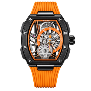 OBLVLO ZRM-ZM Men's Tonneau Skeleton Automatic Watch 46mm Black PVD Case Orange Inner Ring Rubber Strap Racing Sport Mechanical Wristwatch