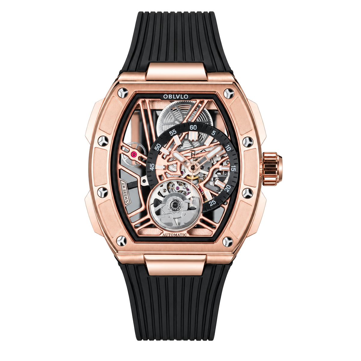 OBLVLO ZRM-ZM 46mm Rose Gold Tonneau Automatic Watch Skeleton Mechanical Luxury Sport Wristwatch Black Rubber Strap