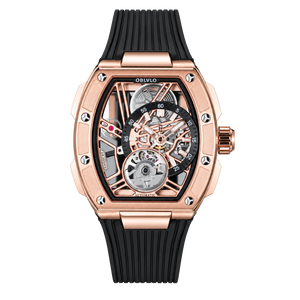 OBLVLO ZRM-ZM 46mm Rose Gold Tonneau Automatic Watch Skeleton Mechanical Luxury Sport Wristwatch Black Rubber Strap