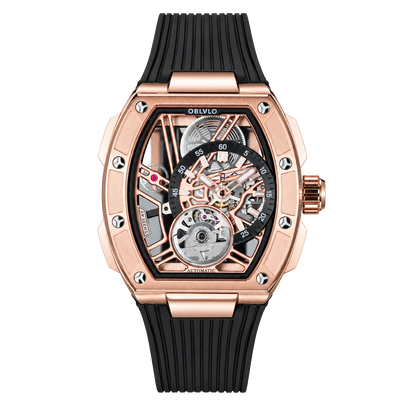 OBLVLO ZRM-ZM 46mm Rose Gold Tonneau Automatic Watch Skeleton Mechanical Luxury Sport Wristwatch Black Rubber Strap