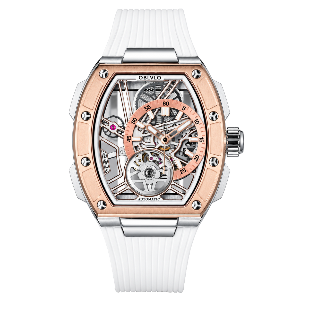 OBLVLO ZRM-ZM Two-Tone Rose Gold & Silver Automatic Watch Tonneau Skeleton Mechanical Wristwatch White Rubber Strap