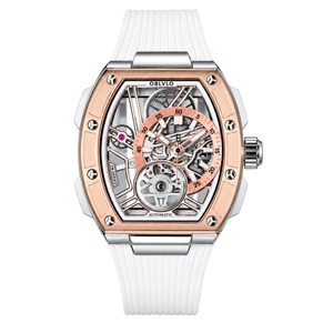 OBLVLO ZRM-ZM Two-Tone Rose Gold & Silver Automatic Watch Tonneau Skeleton Mechanical Wristwatch White Rubber Strap