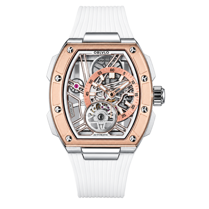 OBLVLO ZRM-ZM Two-Tone Rose Gold & Silver Automatic Watch Tonneau Skeleton Mechanical Wristwatch White Rubber Strap