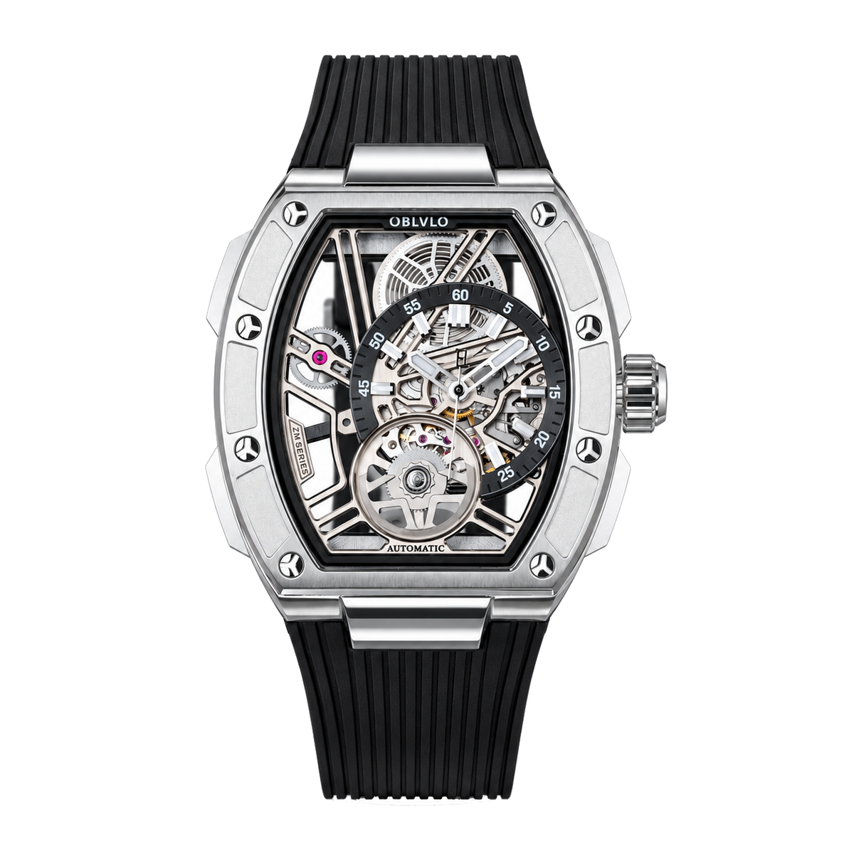 OBLVLO ZRM-ZM Silver Tonneau Skeleton Automatic Watch - 46mm Stainless Steel Case Mechanical Sport Wristwatch Black Rubber Strap