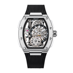 OBLVLO ZRM-ZM Silver Tonneau Skeleton Automatic Watch - 46mm Stainless Steel Case Mechanical Sport Wristwatch Black Rubber Strap