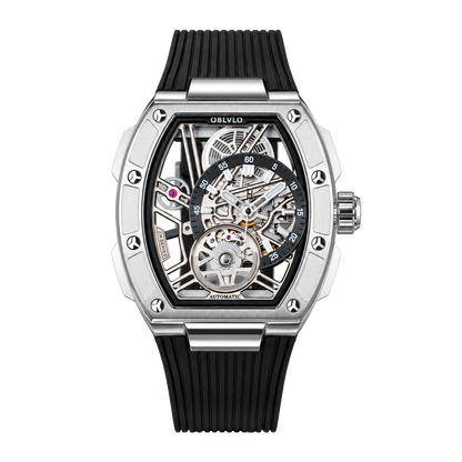 OBLVLO ZRM-ZM Silver Tonneau Skeleton Automatic Watch - 46mm Stainless Steel Case Mechanical Sport Wristwatch Black Rubber Strap
