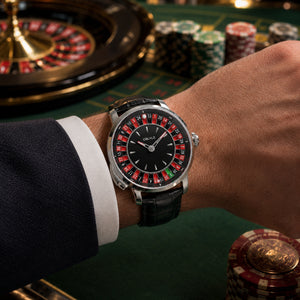 Luxury OBLVLO CSM-CA Men's Casino Watch - Silver Stainless Steel Case with Red Gemstone Center Dial & Black Leather Strap